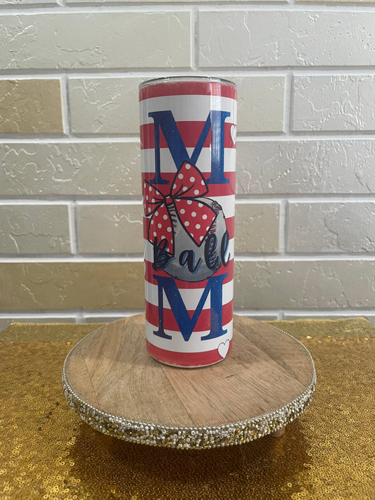 Baseball Mom- Red Stripes- polkadot bow